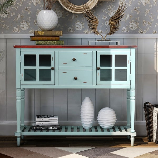 Sideboard Console Table with Bottom Shelf， Wood/Glass Buffet Storage Cabinet