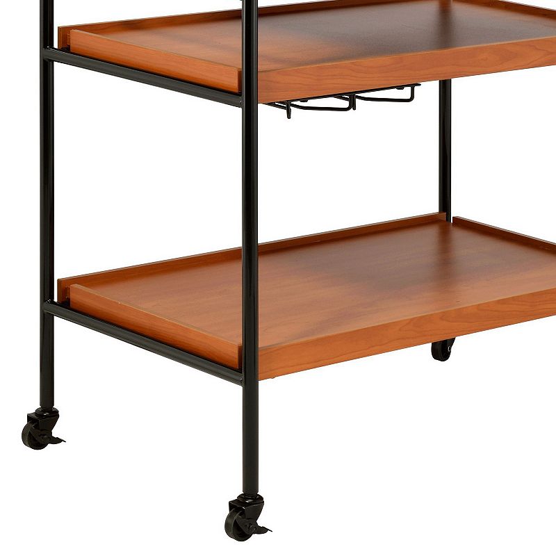 Metal Frame Serving Cart with Adjustable Compartments， Oak Brown and Black