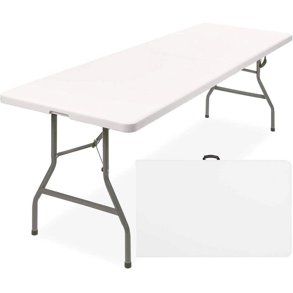 SUGIFT 8 ft. White Adjustable Height Fold-in-Half Steel Outdoor Picnic Folding Table SGFT88342