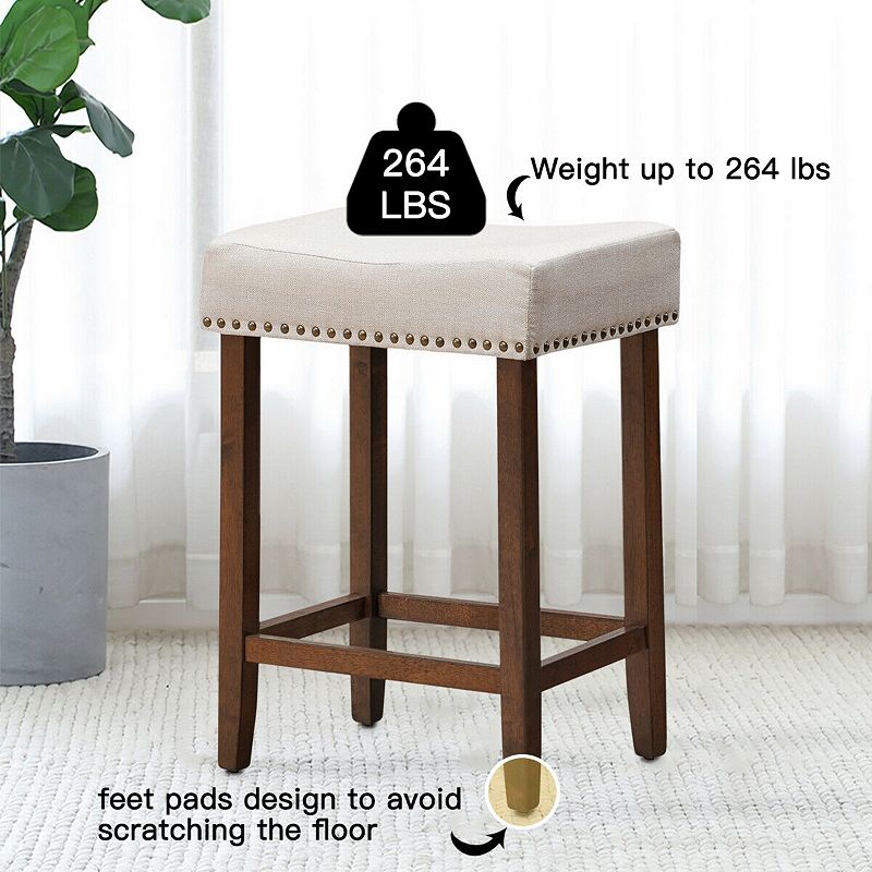 2 Pieces Nailhead Saddle Bar Stools with Fabric Seat and Wood Legs