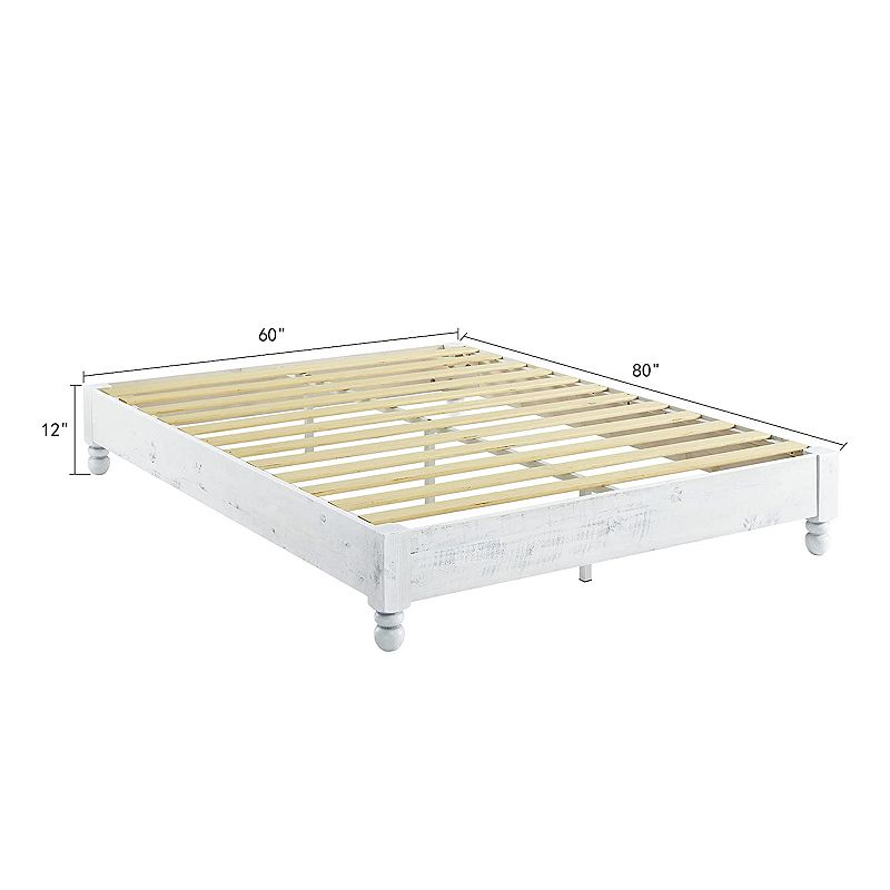 MUSEHOMEINC Pine Wood 12 Slat Platform Rustic Bed Frame， Whitewashed， Queen