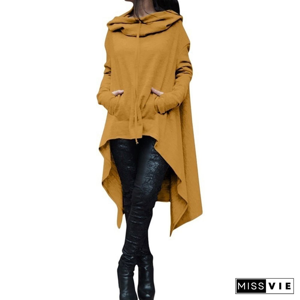 Womens Solid Color Draw Cord Coat Long Sleeve Loose Casual Long Hoodies Sweatshirts Poncho Coat Hooded Pullover