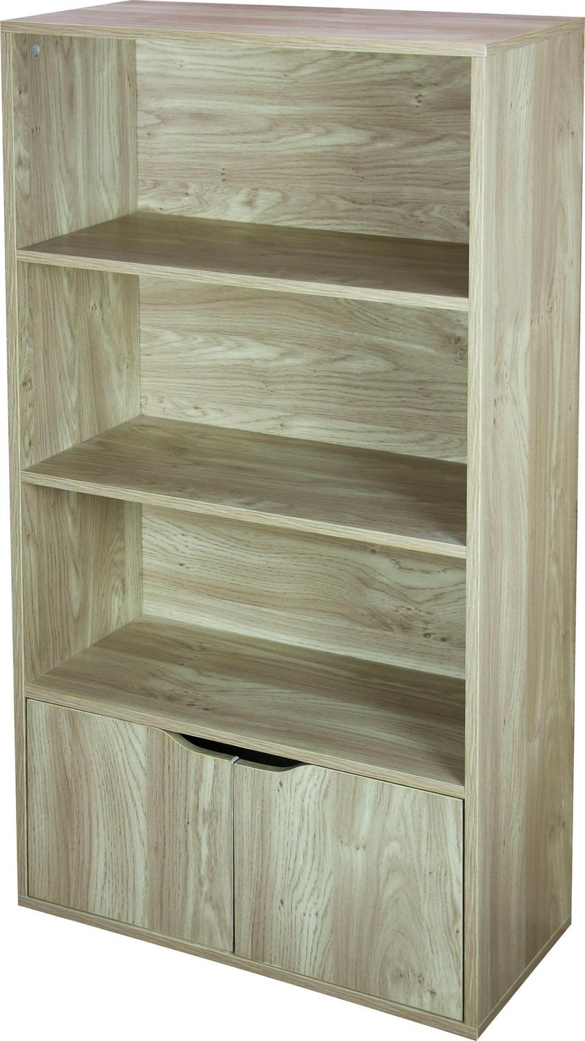 3 Tier Wood Bookcase with Doors， Natural