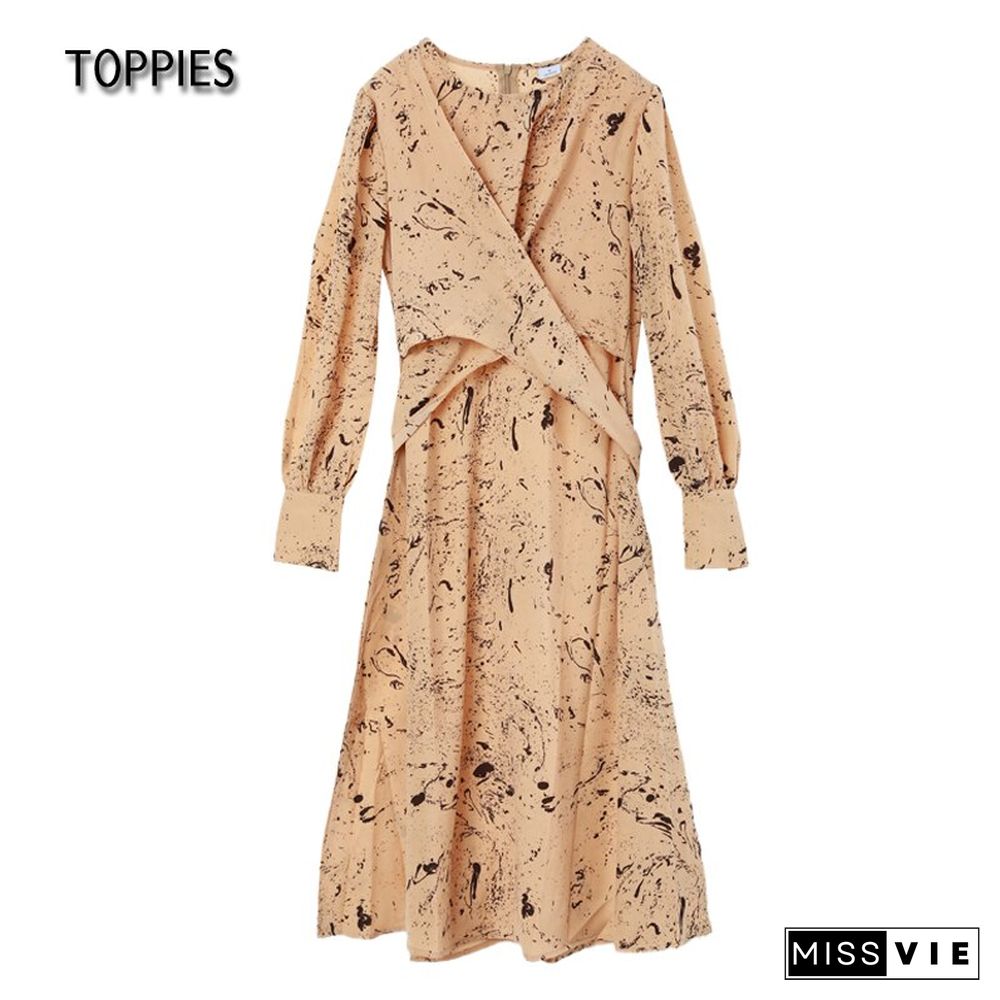 Toppies Long Dress For Women O Neck Long Sleeve Fashion Print Chic Belt Zipper Loose Midi Dress Vestidos