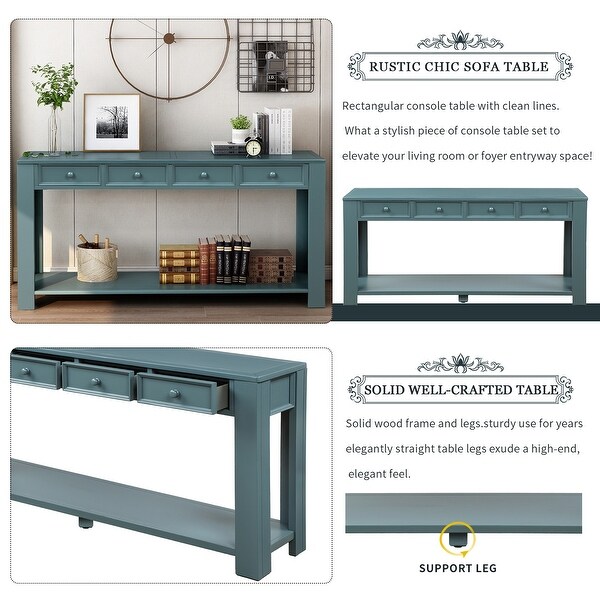 Rustic Console Table with 2 Storage Drawers and Exquisite Retro Knob， Sofa Table with Bottom Storage Shelf， Retro Blue