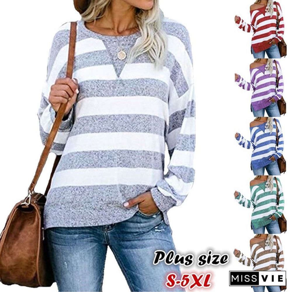 New Women Fashion Long Sleeve O Neck Striped Loose Plus Size Spring Pullover T-shirt Blouse