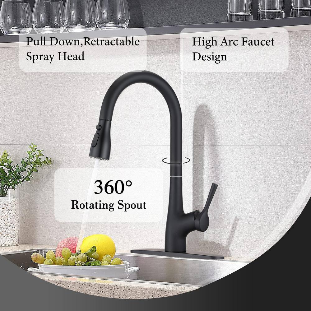 UPIKER Single-Handle Pull Down Sprayer Kitchen Faucet with Deckplate Included and 3 Modes in Matte Black UP2304KFMB0008