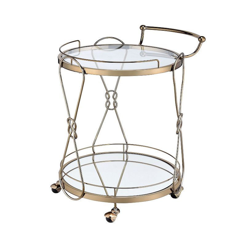 Serving Cart with 2 Glass Shelves and Caster Support， Gold and Clear