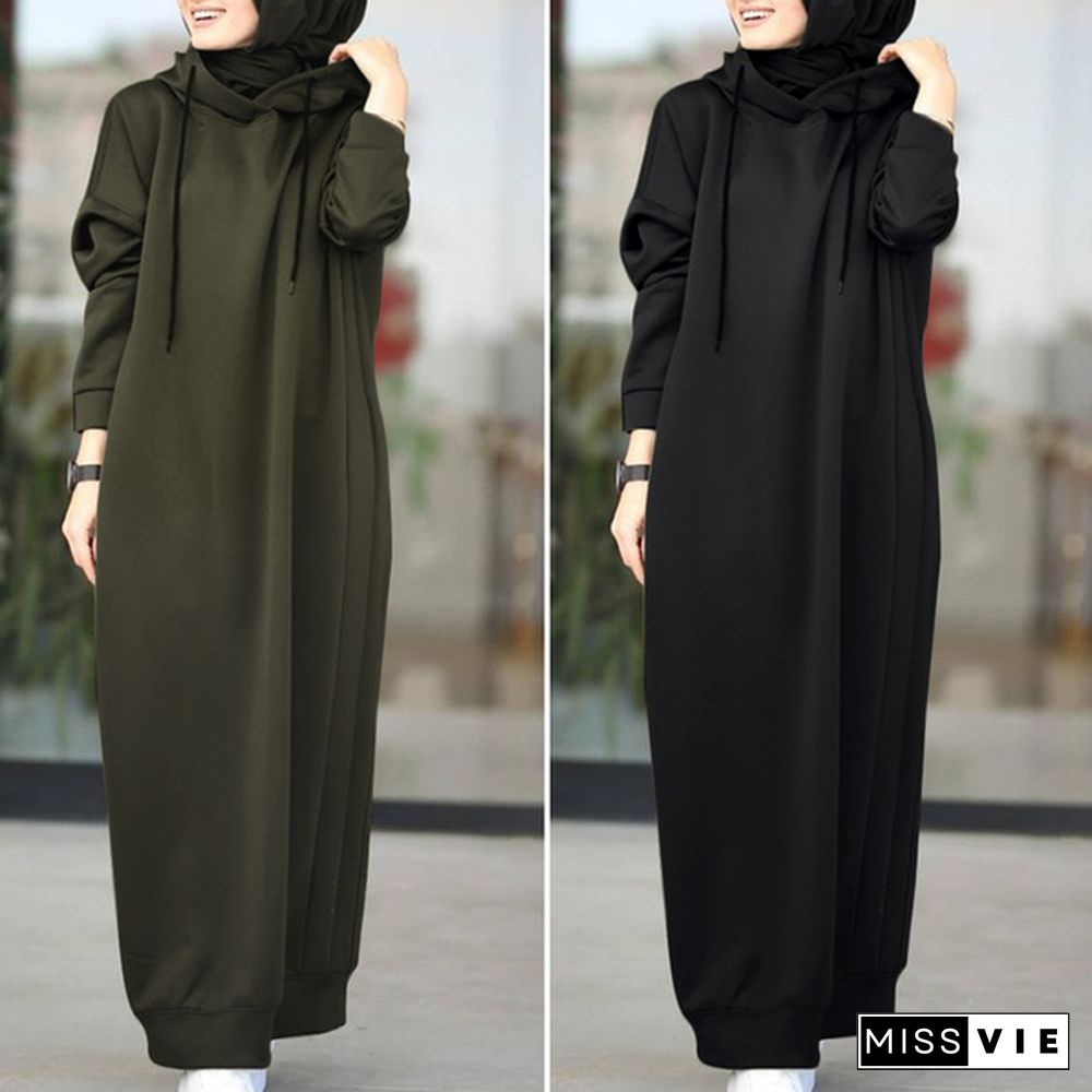 ZANZEA Women Autumn O Neck Solid Long Hooded Dress Baggy Bohemian Muslim Kaftan Abaya Maxi Dress Hoodies