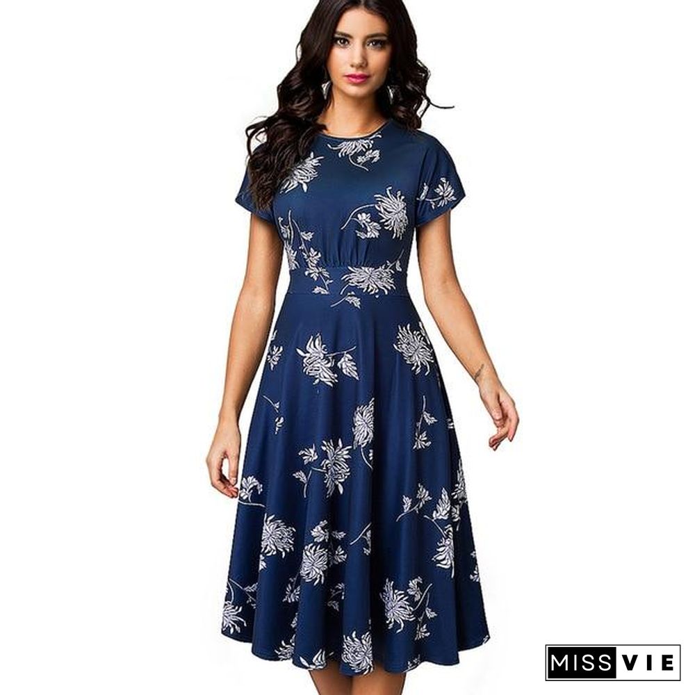 Women Vintage Elegant Floral Print Pleated Round neck A-Line Pinup Party Dress Black Dresses