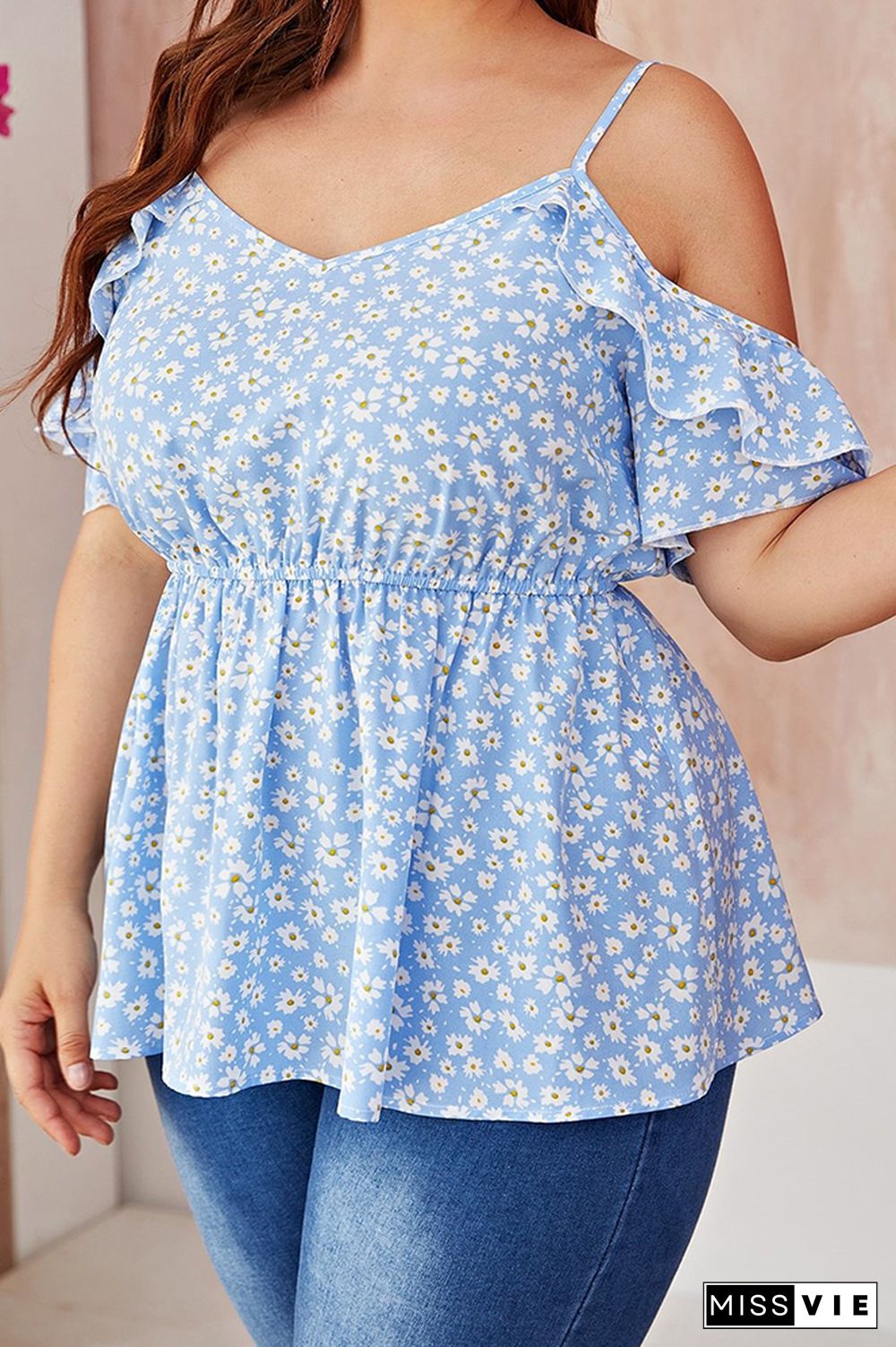 Light Blue Floral Print Hater Plus Size Blouse