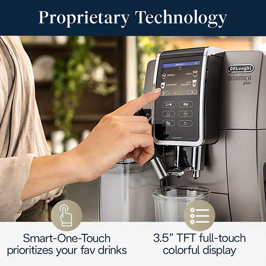 DeLonghi Dinamica Plus Titanium Smart Coffee and Espresso Machine w/ Coffee Link Connectivity App + Automatic Milk Frother