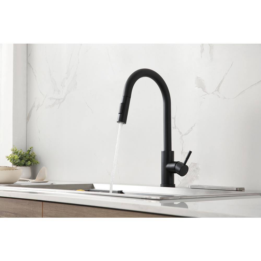 Satico Amuring Single Handle Pull Out Sprayer Kitchen Faucet with cUPC Certification in Matte Black XL8800F