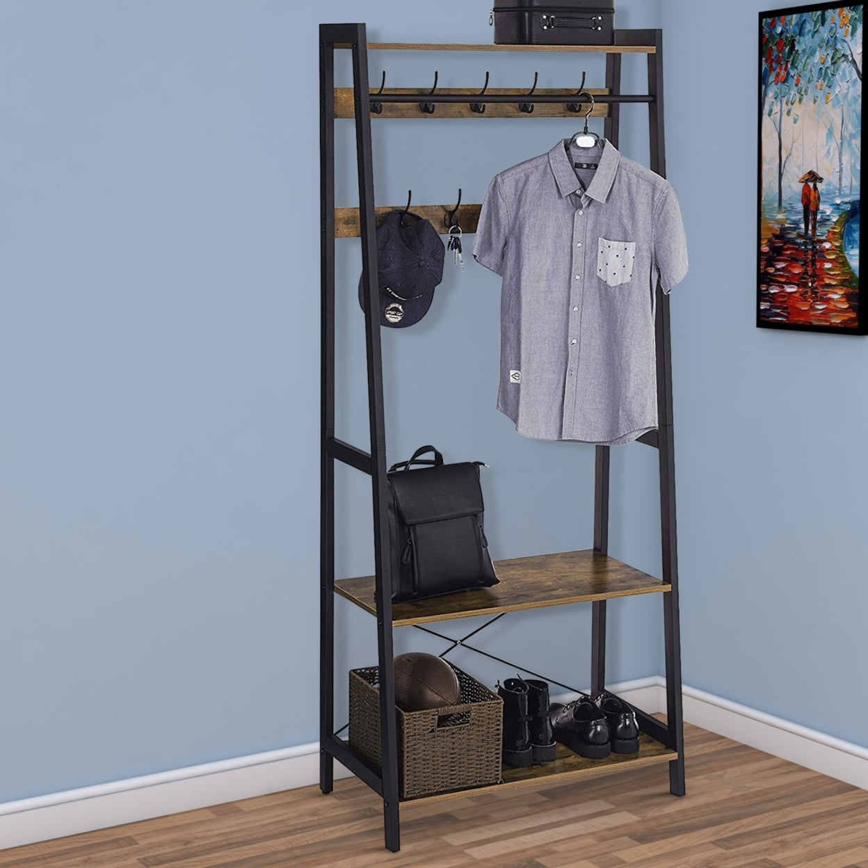 Iron Framed Coat Rack with Two Storage Shelves and Hanging Rail， Brown and Black- Saltoro Sherpi