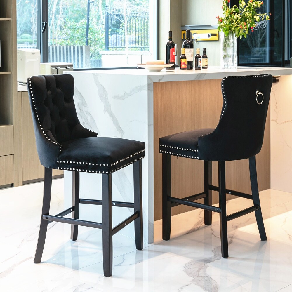 Set of 2 Velvet Upholstered Barstools with Button Tufted Chrome Nailhead Trim  Leisure Style Bar Chairs