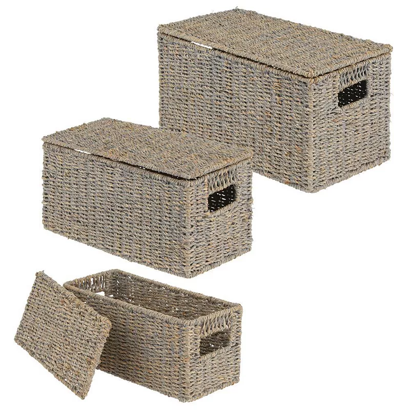 mDesign Woven Seagrass Home Storage Basket with Lid， Set of 3