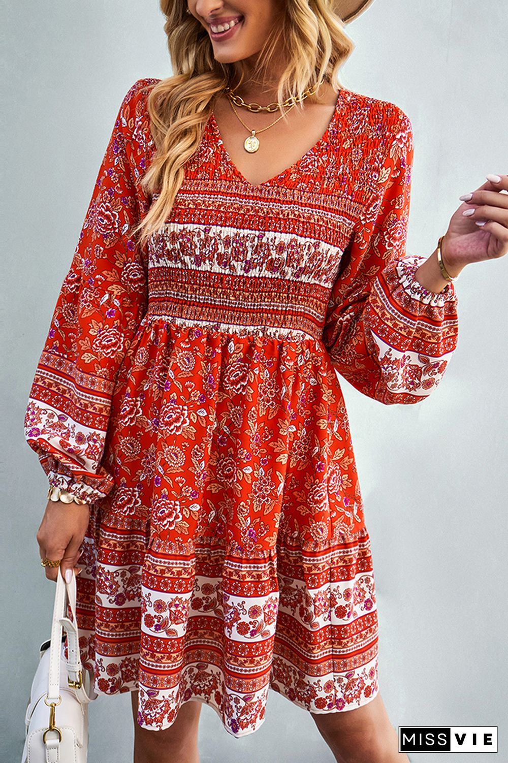 V Neck Smocked Boho Floral Long Sleeves Dress