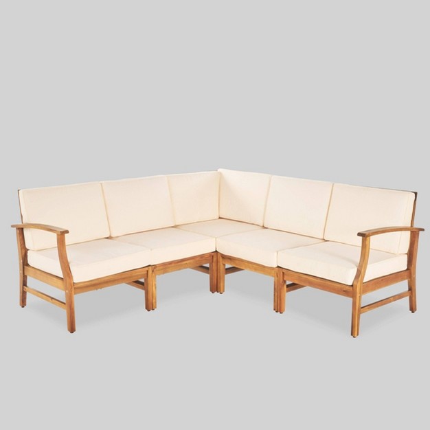 Perla 5pc Patio Sectional Sofa Teak cream Christopher Knight Home