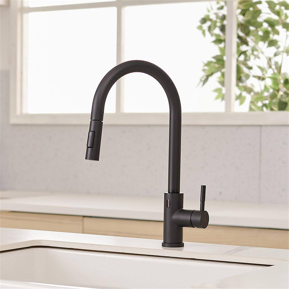 FLG Single Handle Touchless Gooseneck Pull Down Sprayer Kitchen Faucet Modern Smart 1 Hole Solid Brass Taps in Matte Black CC-0138-MB