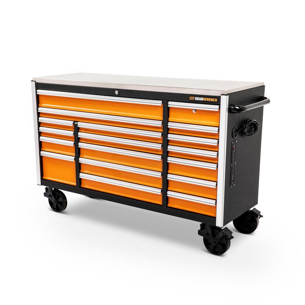 GEARWRENCH GSX 72 in. x 25 in. 18-Drawer Orange and Black Rolling Mobile Workbench Cabinet with Stainless Steel Worktop 83249