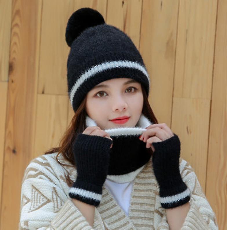 Winter Neck Collar Cap Set Female Beanies Suit Outdoor Plush Knit Women Scarf Hat Gloves Three-piece Set1setwhite