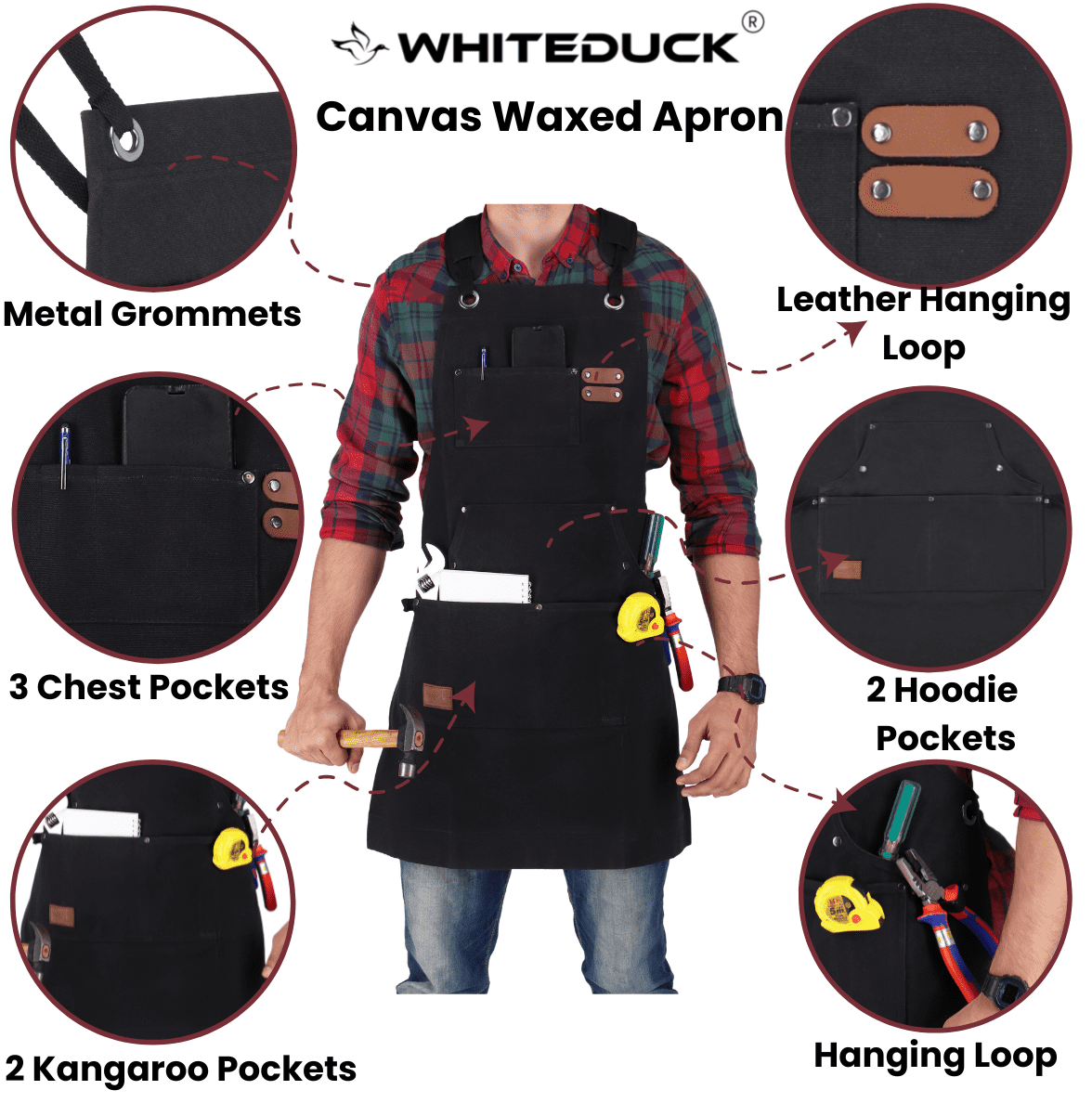 WHITEDUCK Canvas Work Apron for Men- Black- Woodworking Apron 24oz with 7 Pockets & Cross Back Straps- Workshop, Mechanic, Carpenter