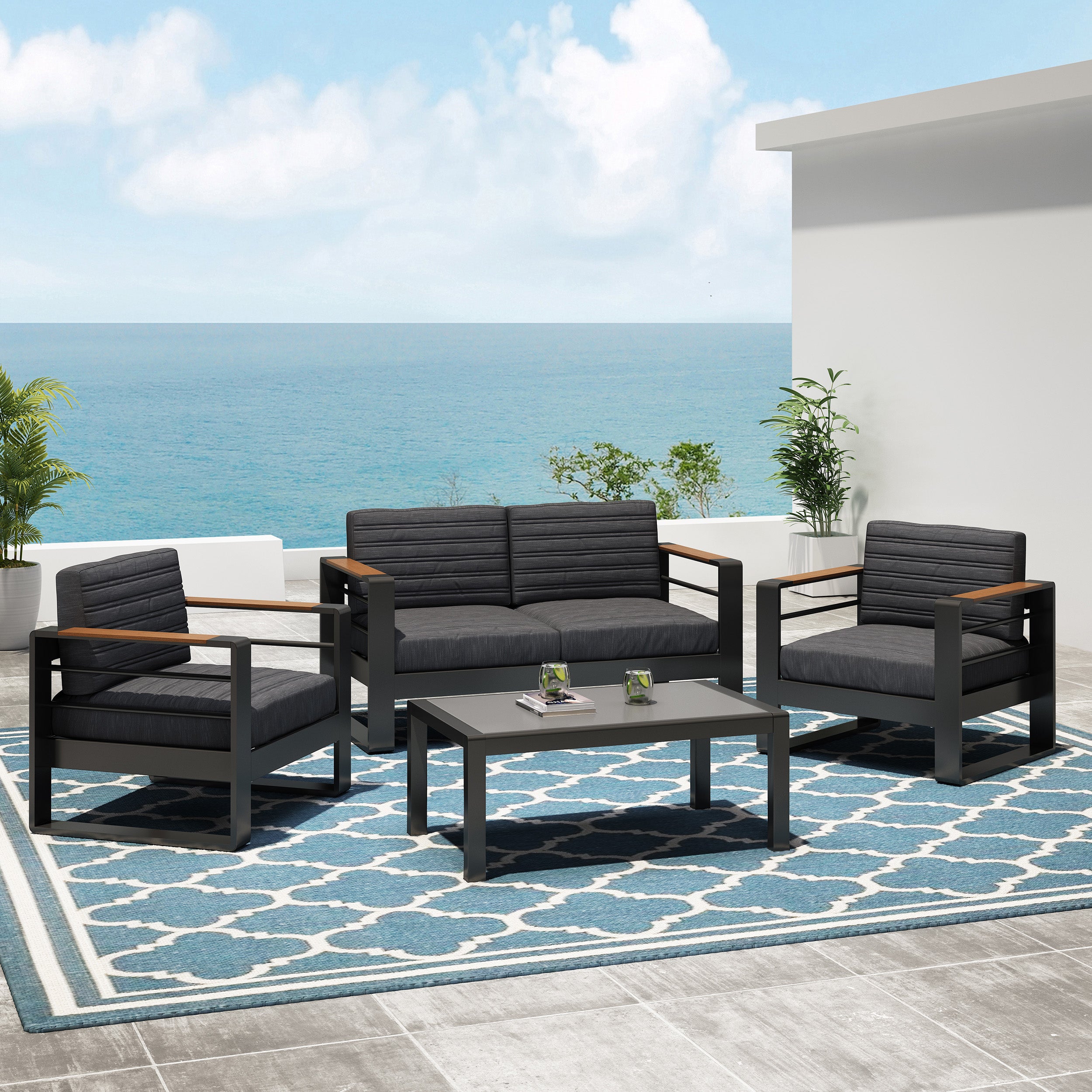 Neffs Outdoor Aluminum 4 Seater Chat Set, Black, Natural, and Gray