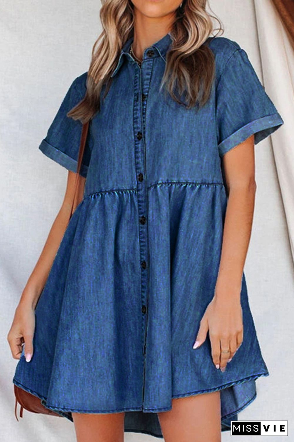 Turn-down Collar Short Sleeve Single-breasted Denim Dress Wholesale