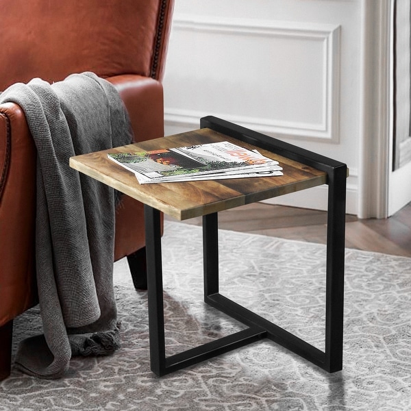 Industrial End Table with Wooden Rectangular Top and Metal Frame， Brown and Black