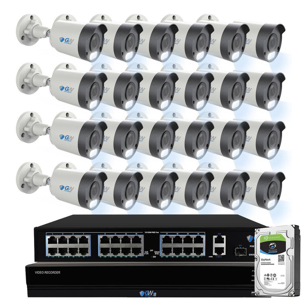 GW Security 32-Channel 8MP 8TB NVR Smart Security Camera System with 24 Wired Bullet POE Cameras Spotlight Fixed Lens Microphone GW8137MIC24-8T