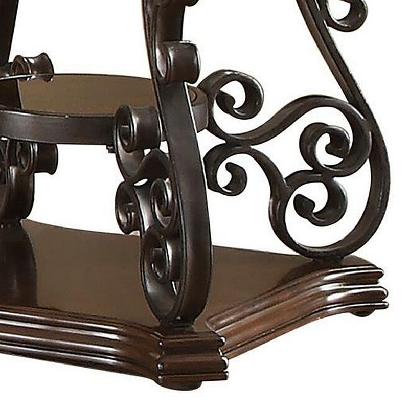 Traditional Solid End Table With Glass Inset， Metal Scrolls and 2 Shelves， Brown