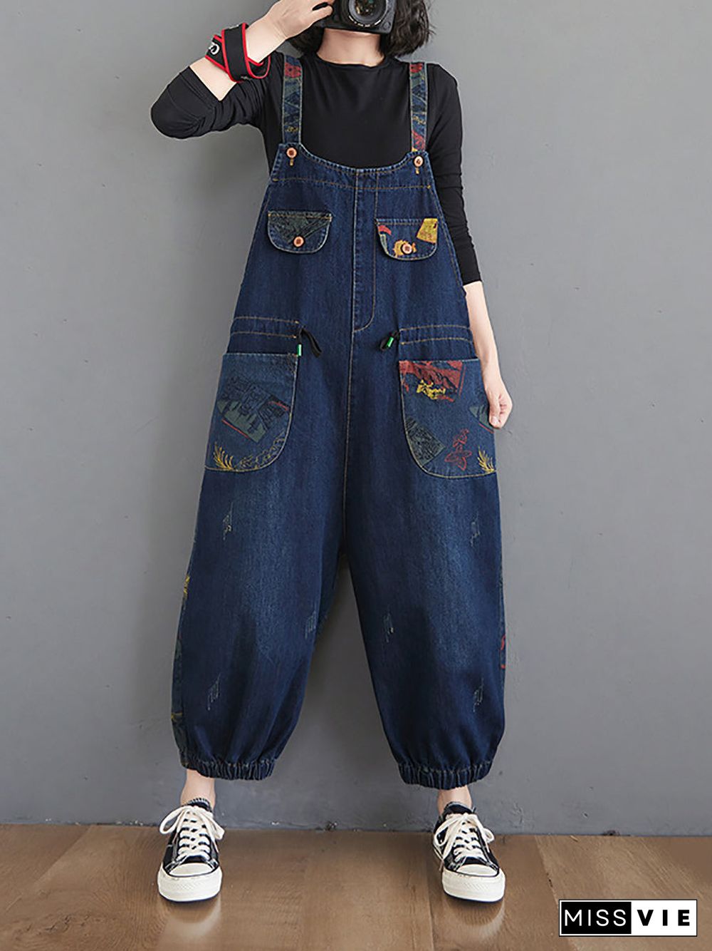 Women Casual Retro Print Pocket Loose Spliced Denim Jumpsuits