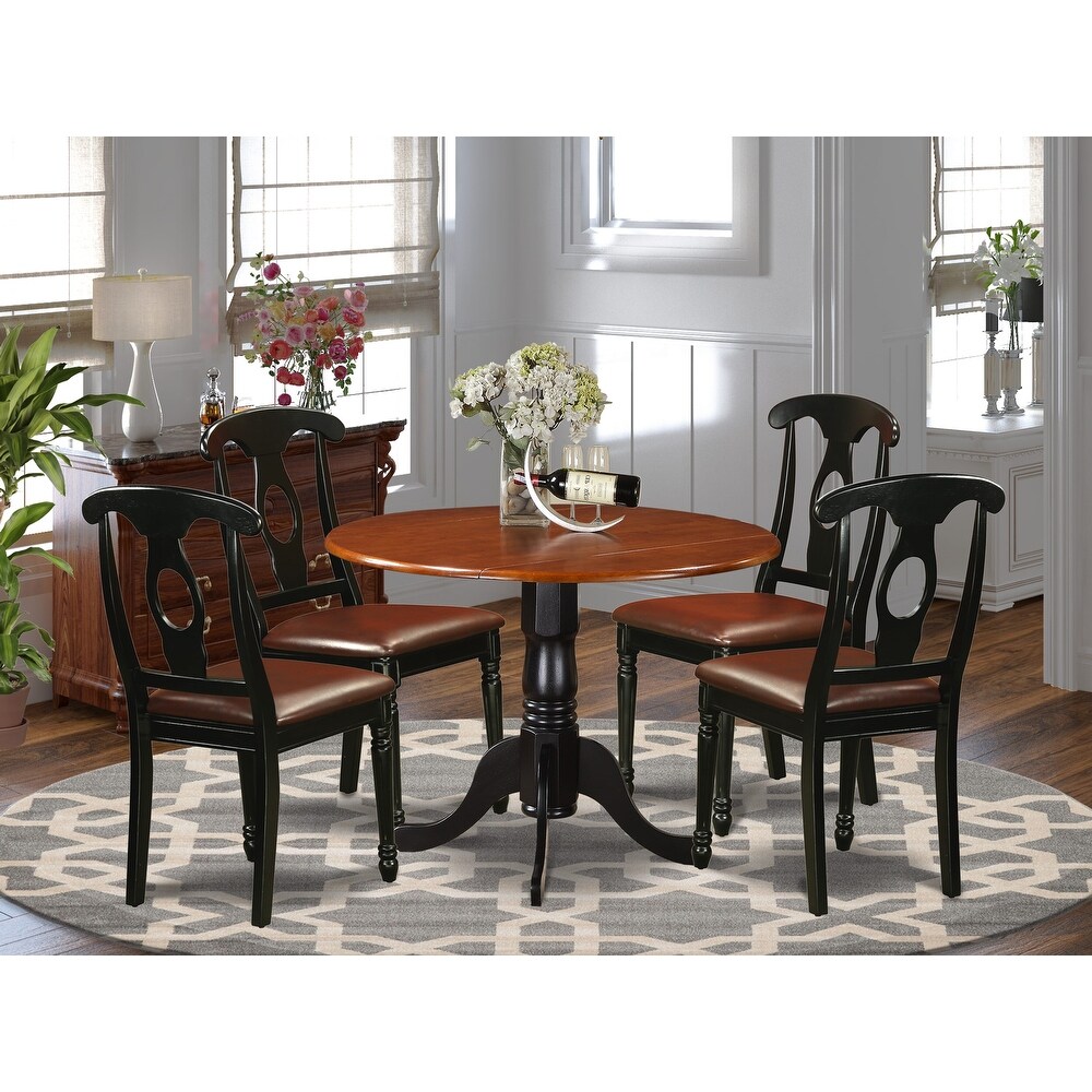 East West Furniture Dining Table Set  a Round Kitchen Table and Faux Leather Dinette Chairs  Black   Cherry (Pieces Option)