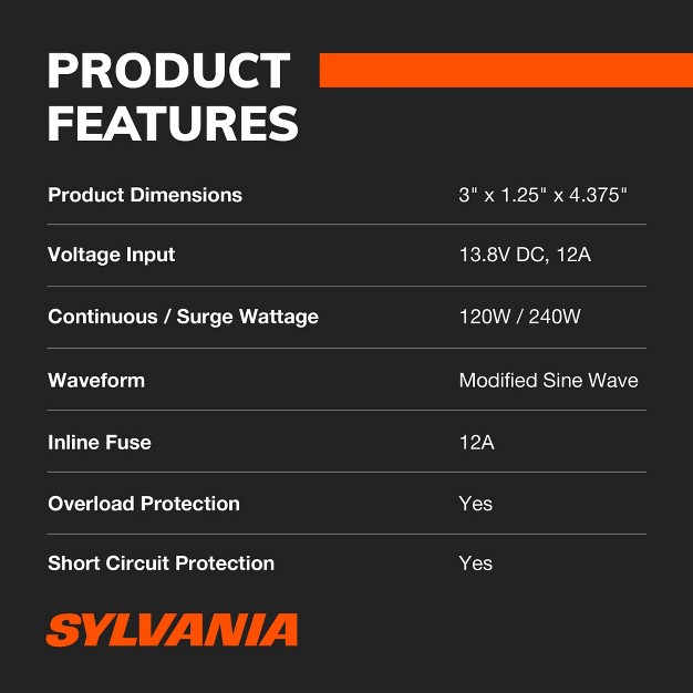 Sylvania 120w Continuous 240w Peak Power Inverter dc 12v To 110v Ac Power Car Rv Converter 2 Usb Ports 5v Dc 3 1a Shared Power Fault Led Indicator 12v Plug With Replaceable Fuse