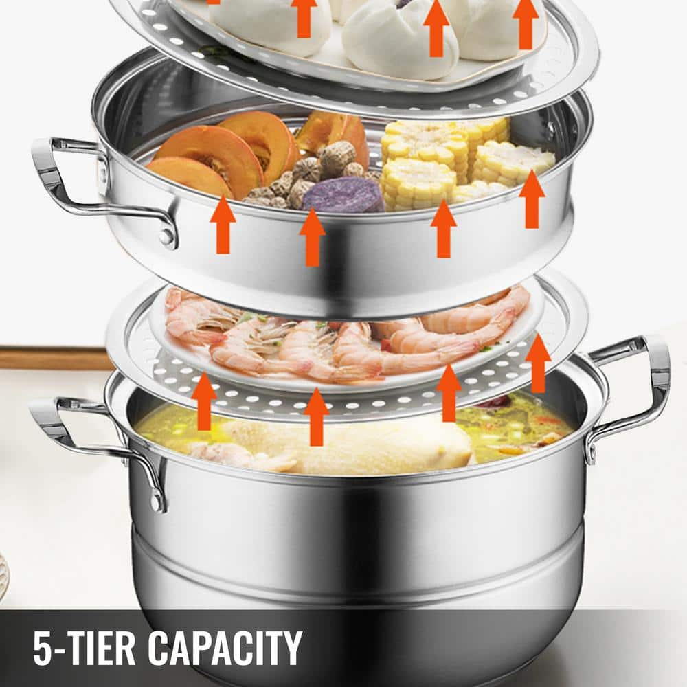 VEVOR Stainless Steel Dumpling Steamer 5-Titer Electric Grill Stove Dia-11.8 in. for Cook Soup, Noodles, Fishes Work with Gas ZL5CBXGZL30CM0001V0