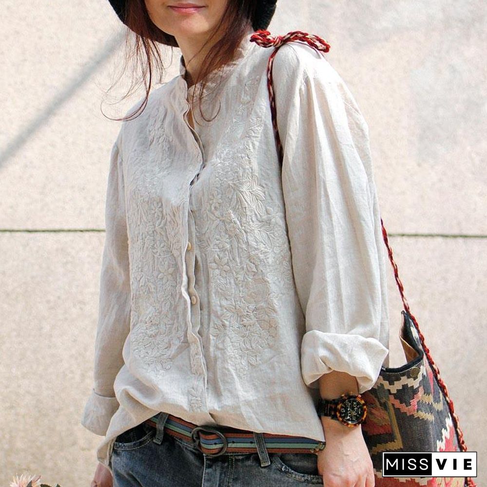 boutique linen blouses plus size clothing Linen Embroidered Shirt