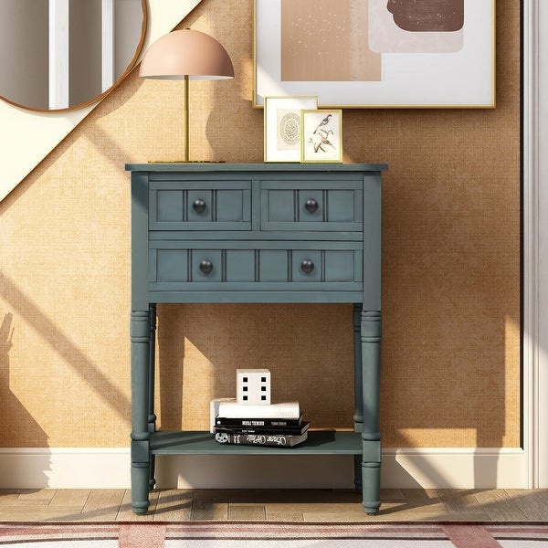 Narrow Console Table with 3 Storage Drawers and Black Round Deco Knobs， Slim Sofa Table with Bottom Shelf， Navy