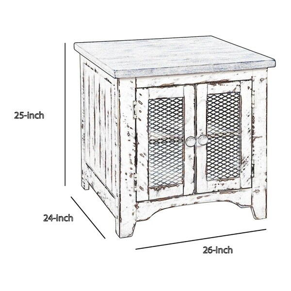 Two Tone Wooden End Table with Metal Grill Cabinet， Brown and White