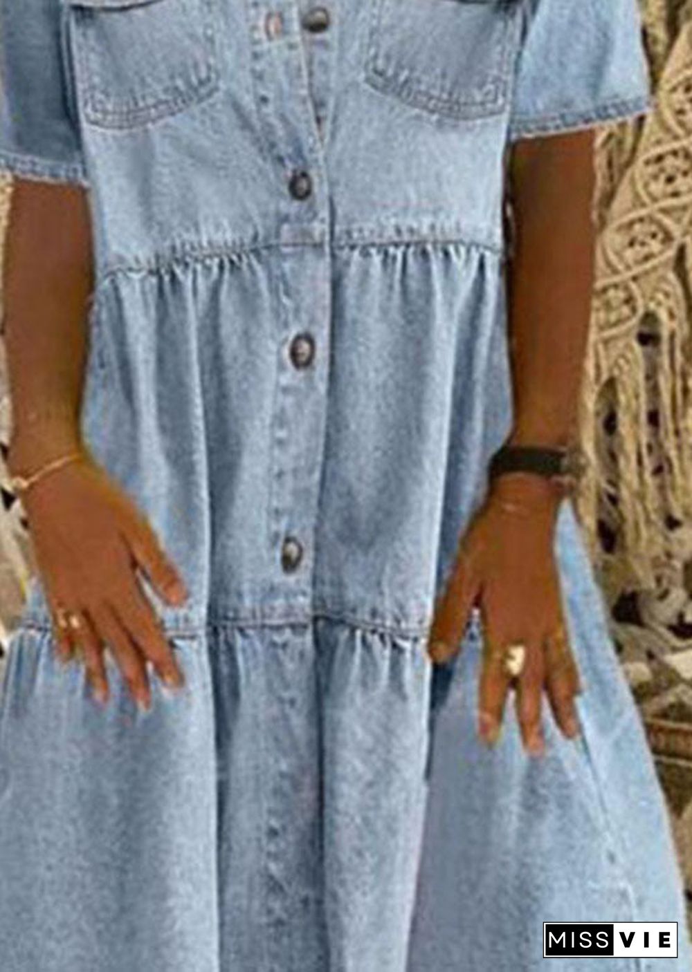 Style Light Blue Peter Pan Collar Wrinkled Patchwork Denim Mid Dress Summer