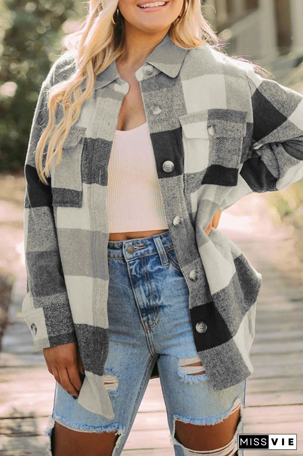 Casual Facecloth Tweed Plaid Long Sleeve Shacket Jacket Wholesale