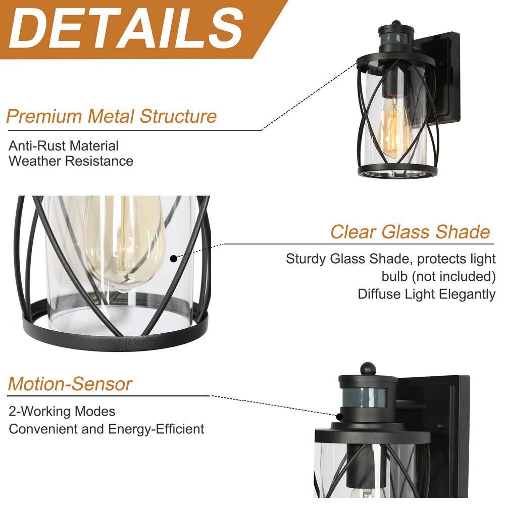 Uolfin Modern Black Drum Outdoor Wall Light TORA 1-Light Motion Sensor Wall Lantern Sconce with Clear Glass Shade (2-Pack) 628L8JYJMYB746D