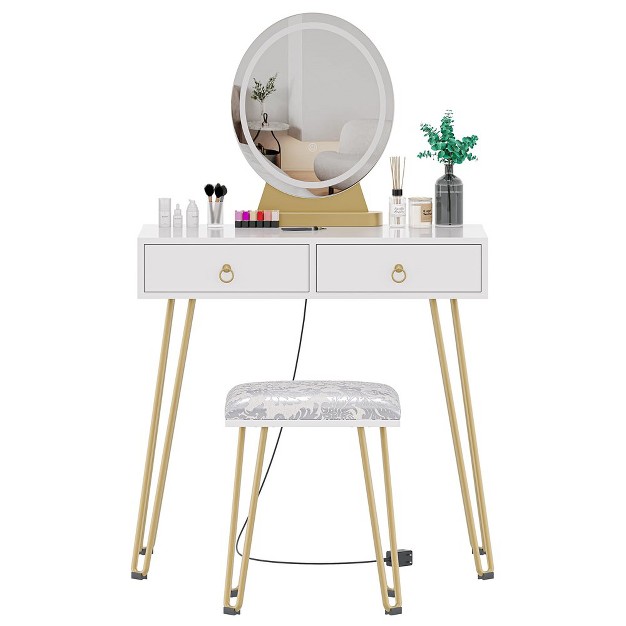 Vanity Desk Makeup Vanity Desk With Touch Light Mirror Stool And 2 Drawers White