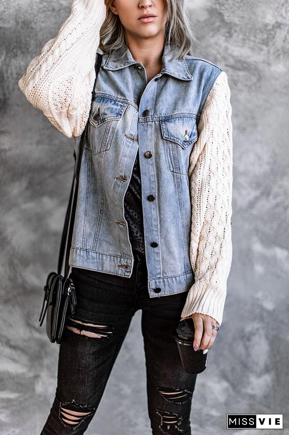 Knitted Panel Denim Jacket Tops