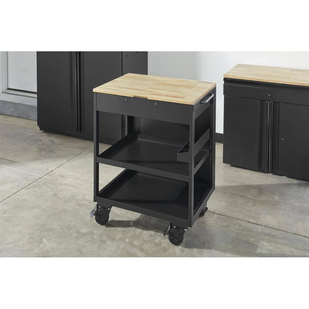 Husky Extra Wide Utility Cart with Wooden Top in Black (28 in. W x 37.5 in. H x 21.5 in. D) HTC1000019