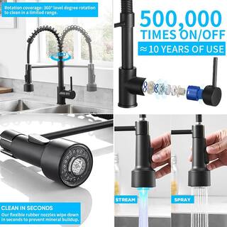 GIVING TREE Single-Handle Spring Spout Pull Out Sprayer Kitchen Faucet with LED Light in Matte Black HDLTQA0004