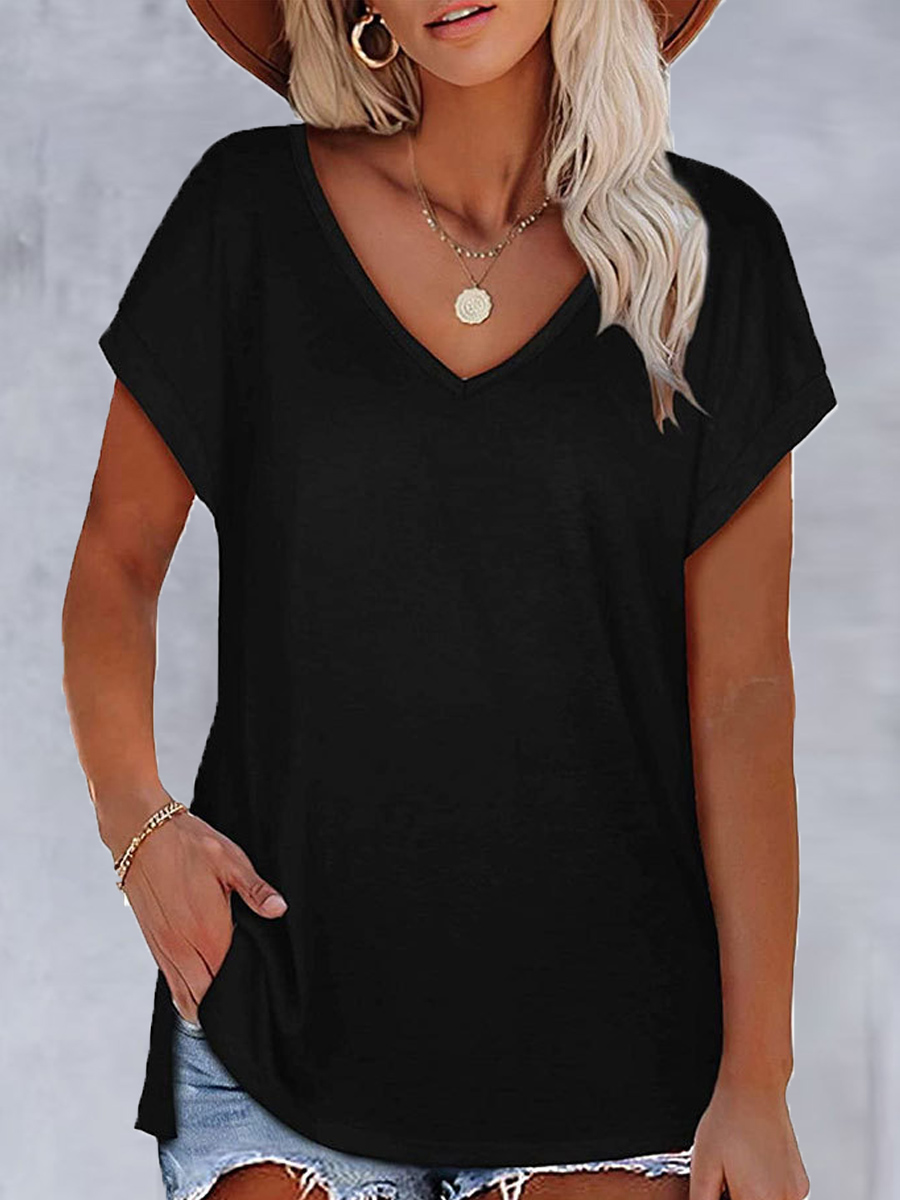 V-neck Casual Loose Solid Color Short-sleeved T-shirt