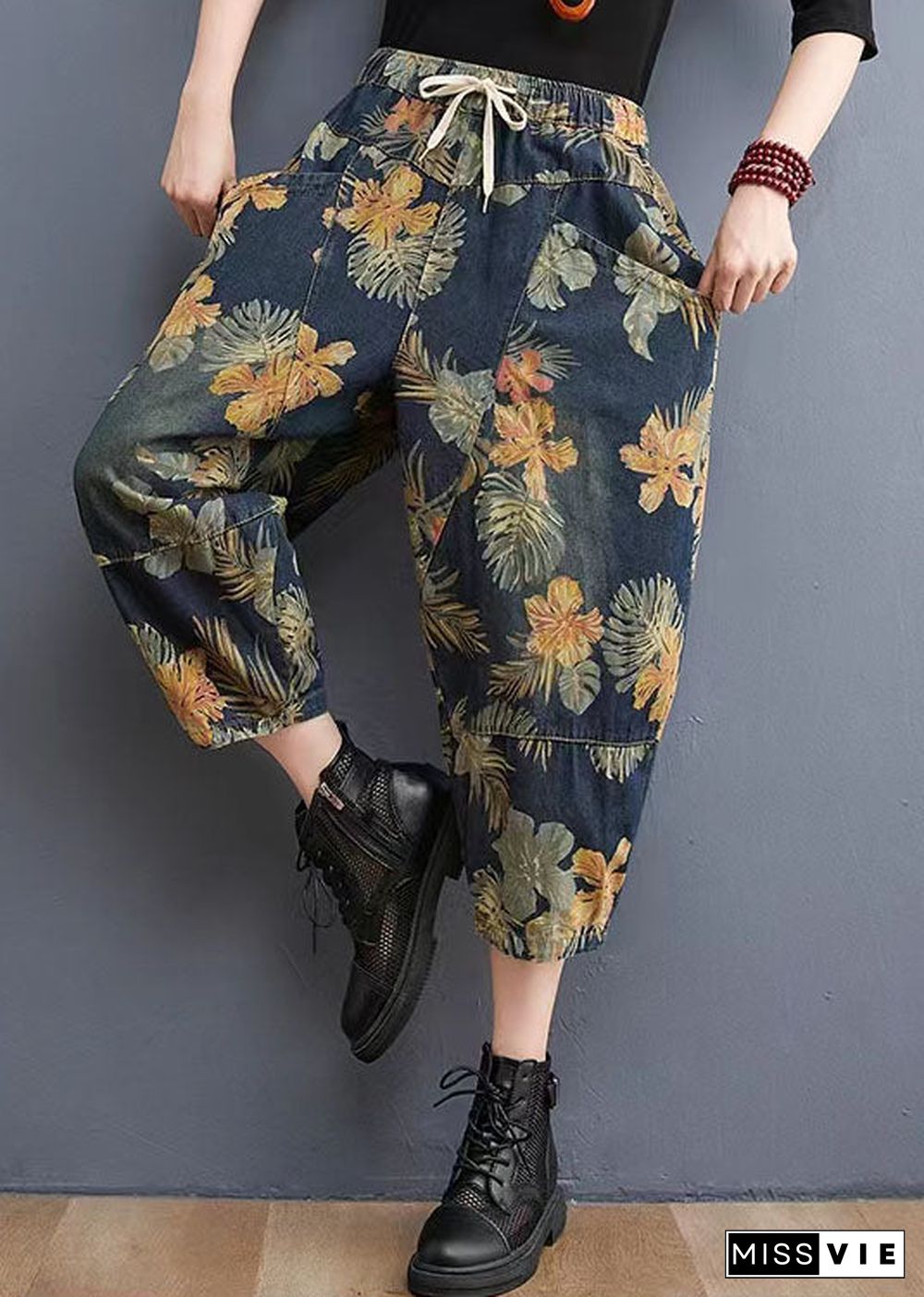 French Navy elastic waist drawstring pockets Print Denim Pants Spring