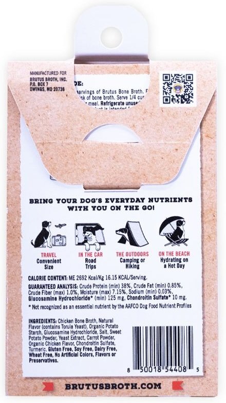 Brutus Broth Chicken Flavored Instant Bone Broth Dog Food Topping， 5 count