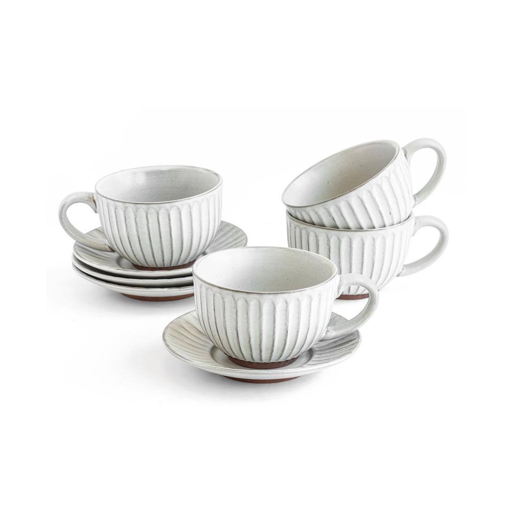 Over and Back 13.8 oz. GrayCream Stoneware Cup and Saucer (Set of 4) 933174