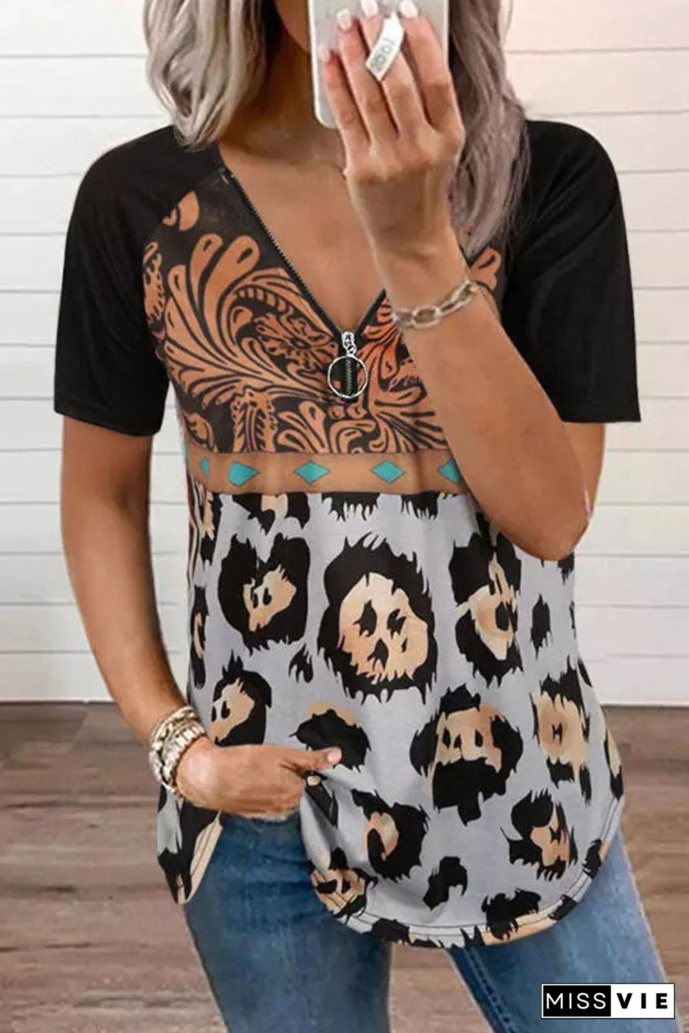 Leopard Pattern Patchwork Zip-up V Neck Short Sleeve T-shirt